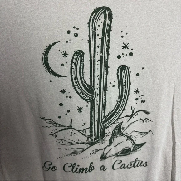 Tres Bien Go Climb A Cactus Shirt 100% Cotton Women's Size Petite Large Tan - Picture 2 of 9